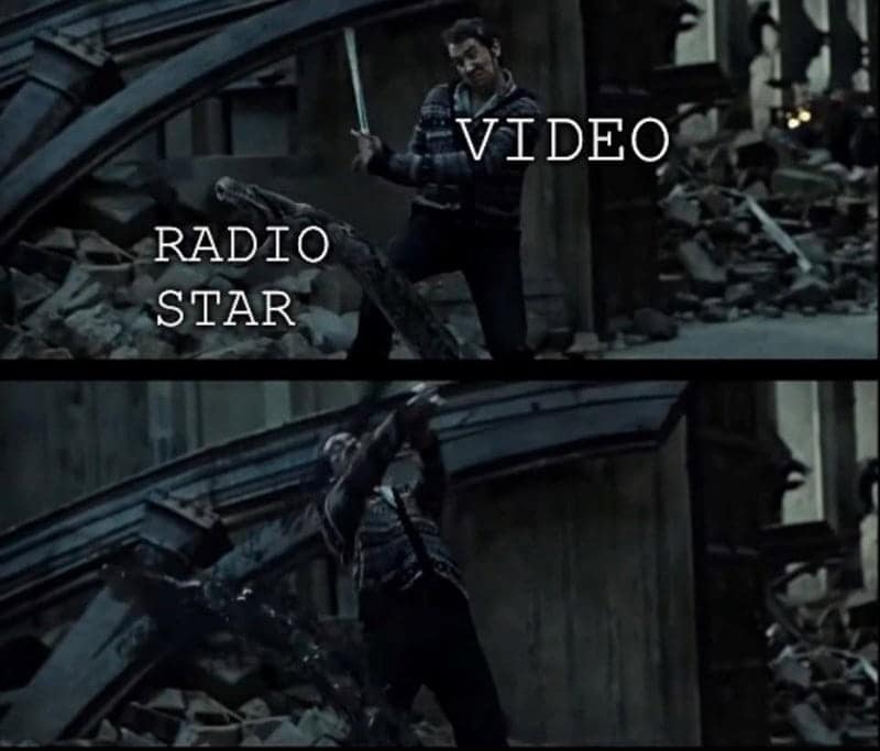 musical Harry Potter meme using the dramatic moment Neville Longbottom slays Nagini with the Sword of Gryffindor to visualize the classic Buggles lyrics: "Video (Neville) Killed the Radio Star (Nagini)."