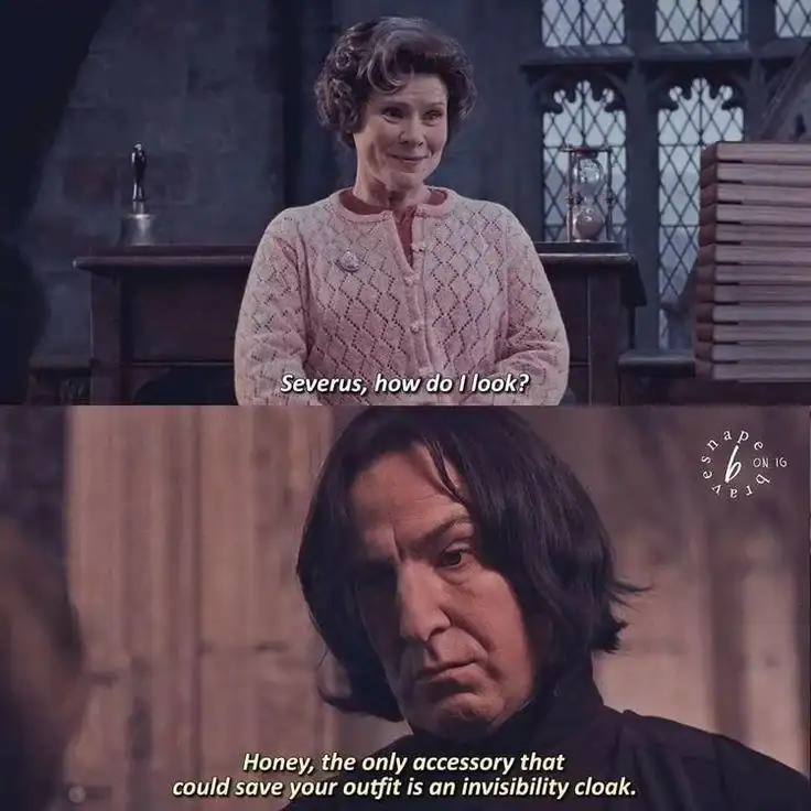 savage Harry Potter meme featuring a crossover interaction between Umbridge and Snape. Umbridge asks, "Severus, how do I look?", to which Snape replies with cold precision, "Honey, the only accessory that could save your outfit is an invisibility cloak."