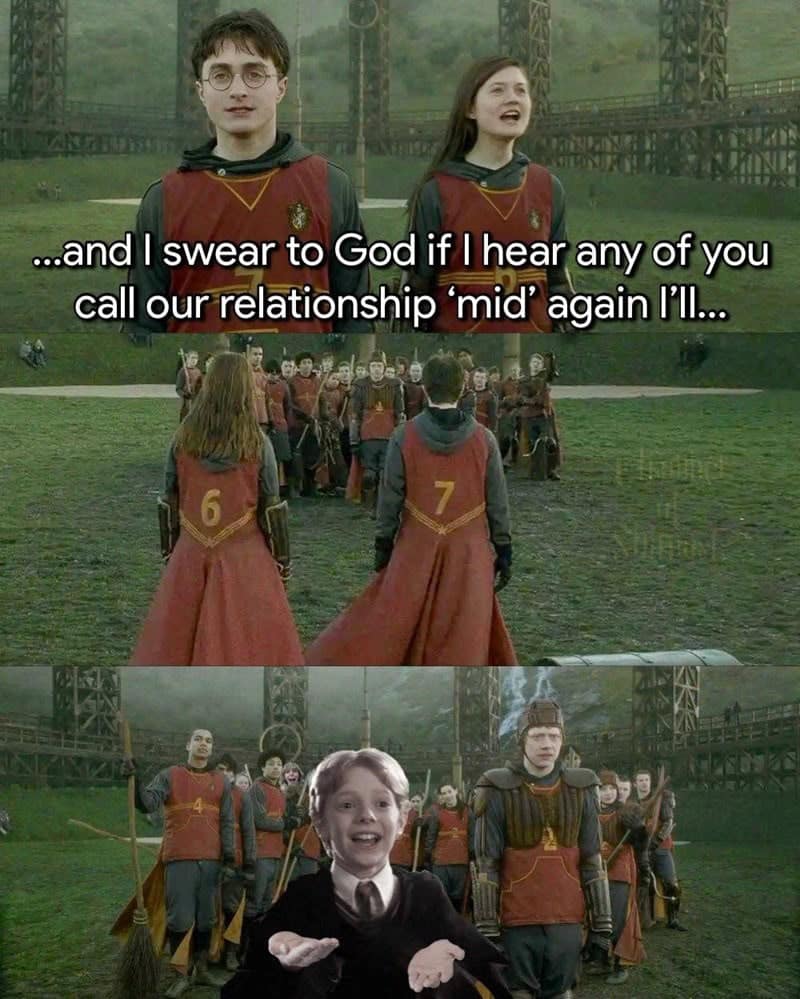 A modern-slang Harry Potter meme showing Harry and Ginny in their Quidditch uniforms. Harry threatens the crowd for calling their relationship "mid," while a shrugging Colin Creevey appears at the bottom representing the confused audience.