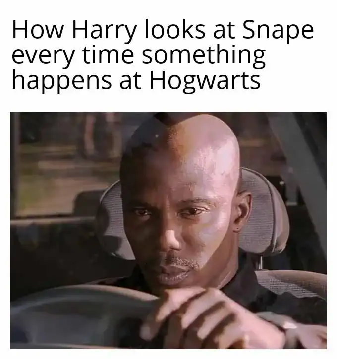 Harry Potter meme using a reaction shot of a man staring intensely and suspiciously into a car’s rearview mirror to represent exactly how Harry looks at Snape every time anything goes wrong at school.