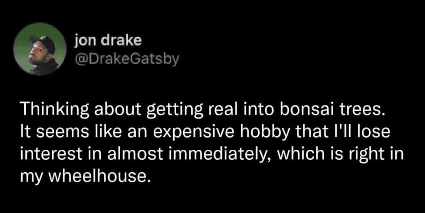 ADHD-flavored hobby meme from jon drake. He contemplates getting into bonsai trees specifically because it seems like an expensive hobby he can lose interest in almost immediately—a trait he describes as being "right in his wheelhouse."