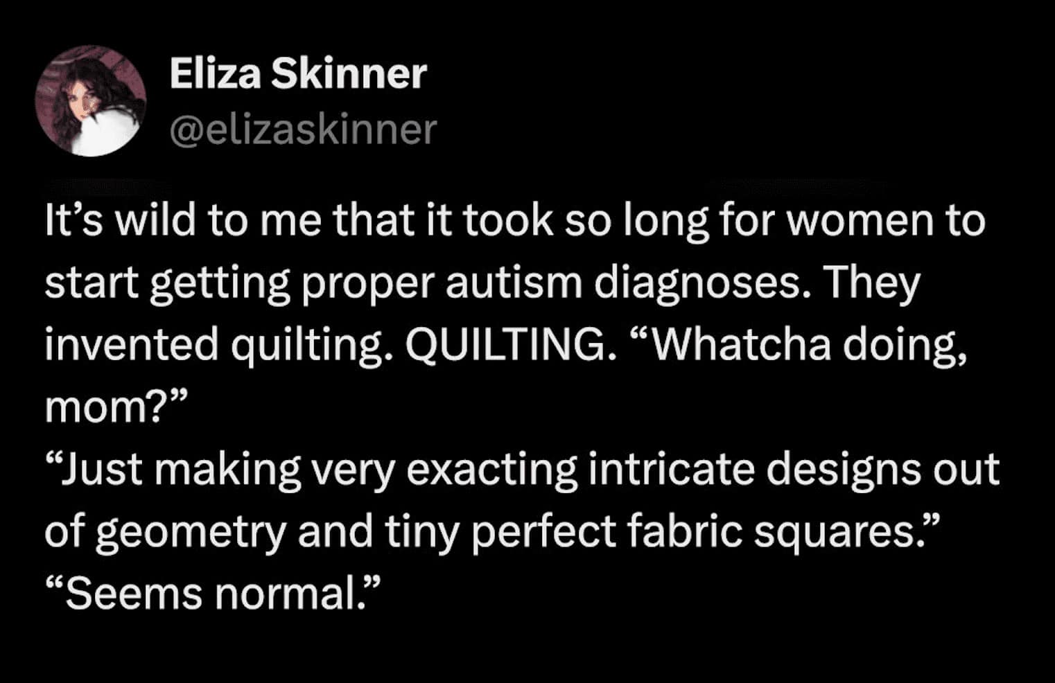 tweet by Eliza Skinner linking the historical invention of quilting to neurodivergence. She points out that spending hours making exacting geometric patterns out of "tiny perfect fabric squares" was considered "normal" long before modern autism diagnoses. A thought-provoking hobby meme.