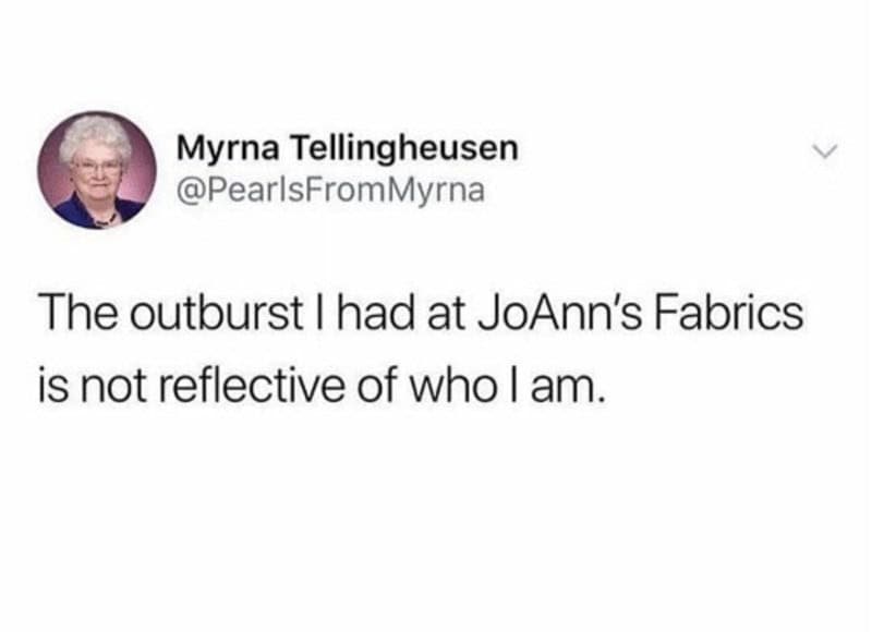 A minimalist tweet from user Myrna Tellingheusen offering a dry faux-apology for a public meltdown at a JoAnn’s Fabrics store. This hobby meme highlights the surprisingly high stakes and emotional volatility of the crafting world.