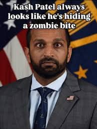 A satirical Kash Patel meme parodying the iconic Uncle Sam recruitment poster. Patel is illustrated in the top hat and blue coat, but his eyes are edited to be extremely cross-eyed and googly. The text reads: "I WANT YOU TO LOOK WHERE I POINT NOT WHERE I LOOK."