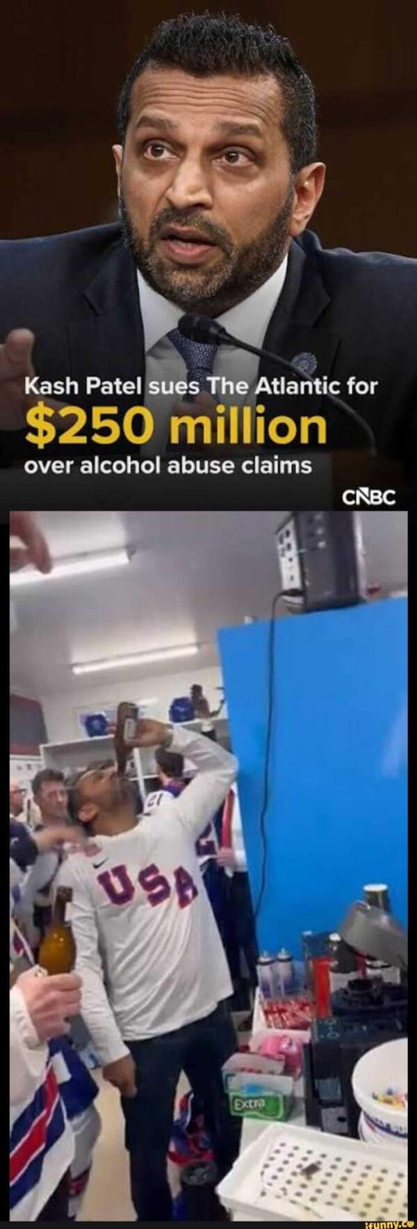 A two-panel Kash Patel meme contrasting public image with candid reality. The top shows a CNBC headline about Patel suing The Atlantic for $250 million over alcohol claims; the bottom shows him in a "USA" shirt aggressively chugging from a bottle in a locker room.