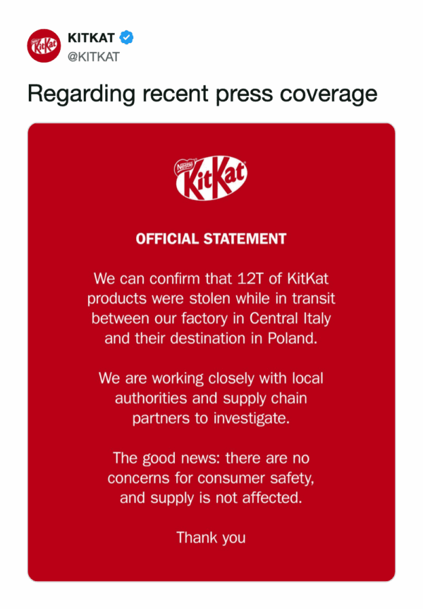 An official KitKat heist meme source image featuring a red official statement from the verified KitKat brand account. The text confirms that 12 tons (12T) of product were stolen during transit between Central Italy and Poland, concluding with a note that supply remains unaffected.