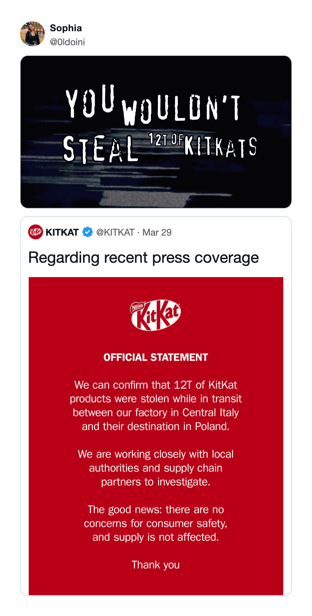 A KitKat heist meme that parodies the classic "You wouldn't steal a car" anti-piracy PSA. The top half shows grainy, high-contrast text reading "YOU WOULDN'T STEAL 12T OF KITKATS," placed directly above the official announcement of the chocolate robbery.