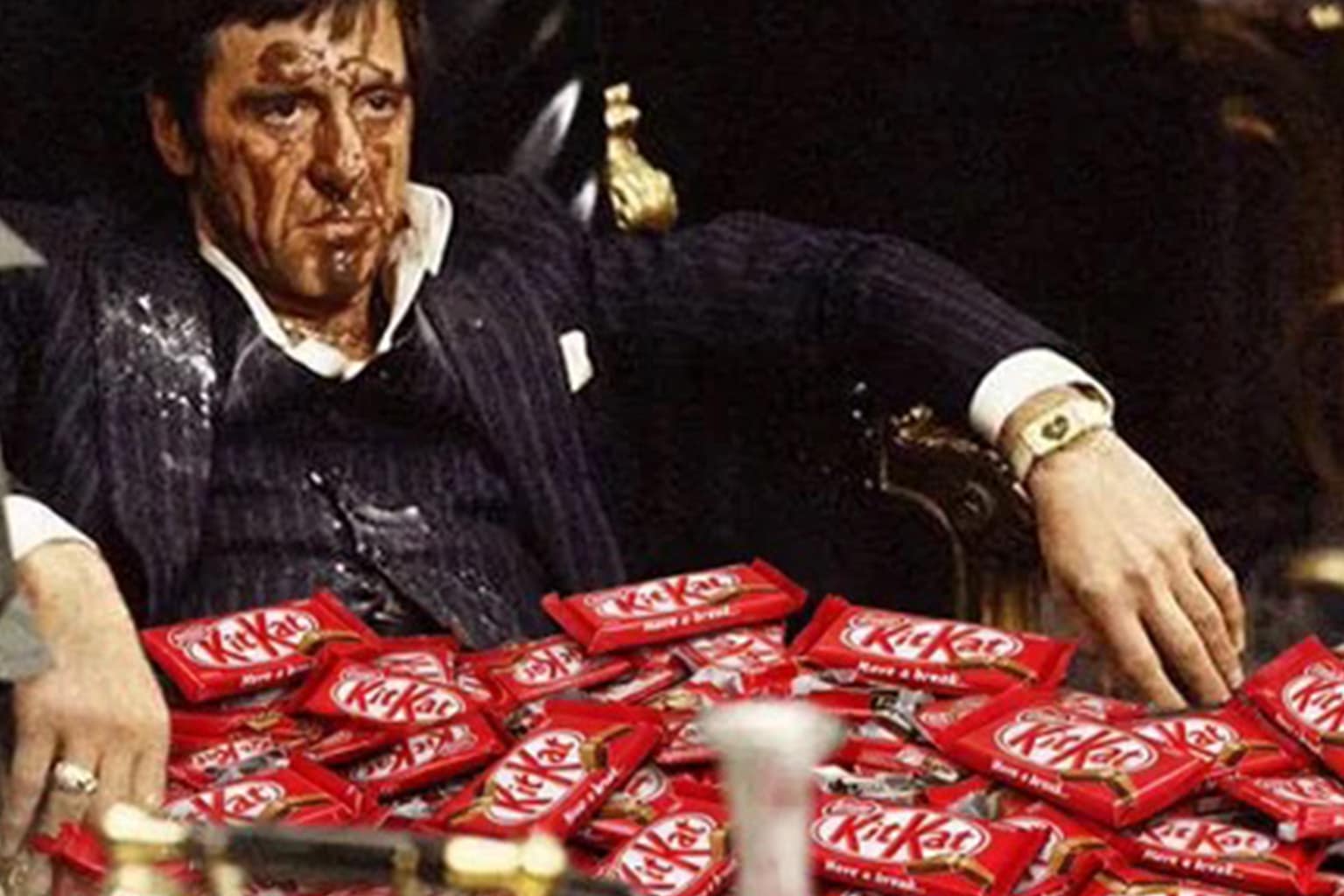 A KitKat heist memes featuring a storage unit overflowing with red chocolate boxes in a Breaking Bad parody, a Ryanair passenger plane with a human mouth "eating" KitKat bars, and a refrigerator perfectly organized with 12 tons worth of "meal prepped" chocolate.