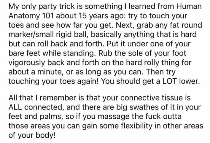 Rolling foot on hard ball improves whole-body flexibility due to connected connective tissue