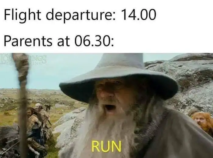 relatable lotr meme featuring a wide-eyed Gandalf screaming "RUN" from the goblin tunnels. The text above compares travel anxiety to an Orc ambush, stating: "Flight departure: 14.00. Parents at 06.30:"