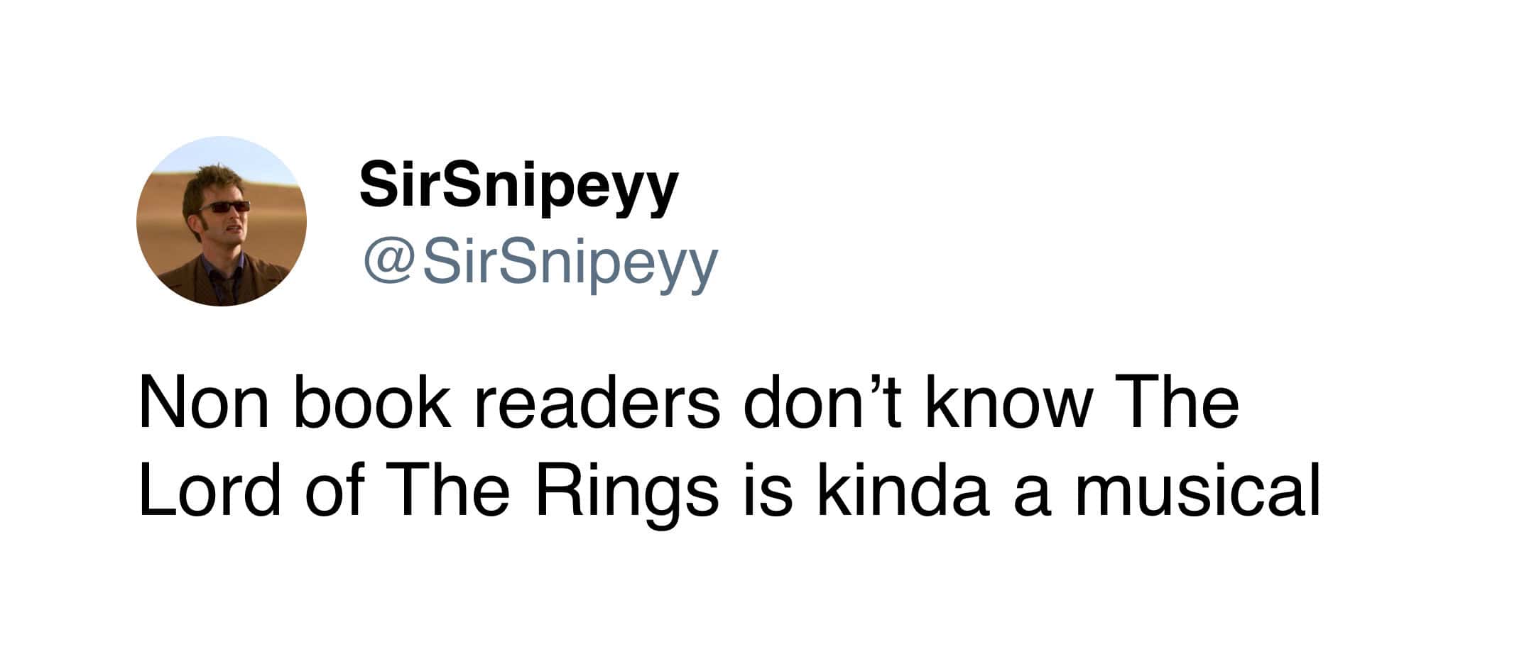 short and punchy lord of the rings meme tweet from SirSnipeyy (@SirSnipeyy) that targets film-only fans. It states: "Non book readers don’t know The Lord of The Rings is kinda a musical," referencing Tolkien's frequent use of songs and poetry.