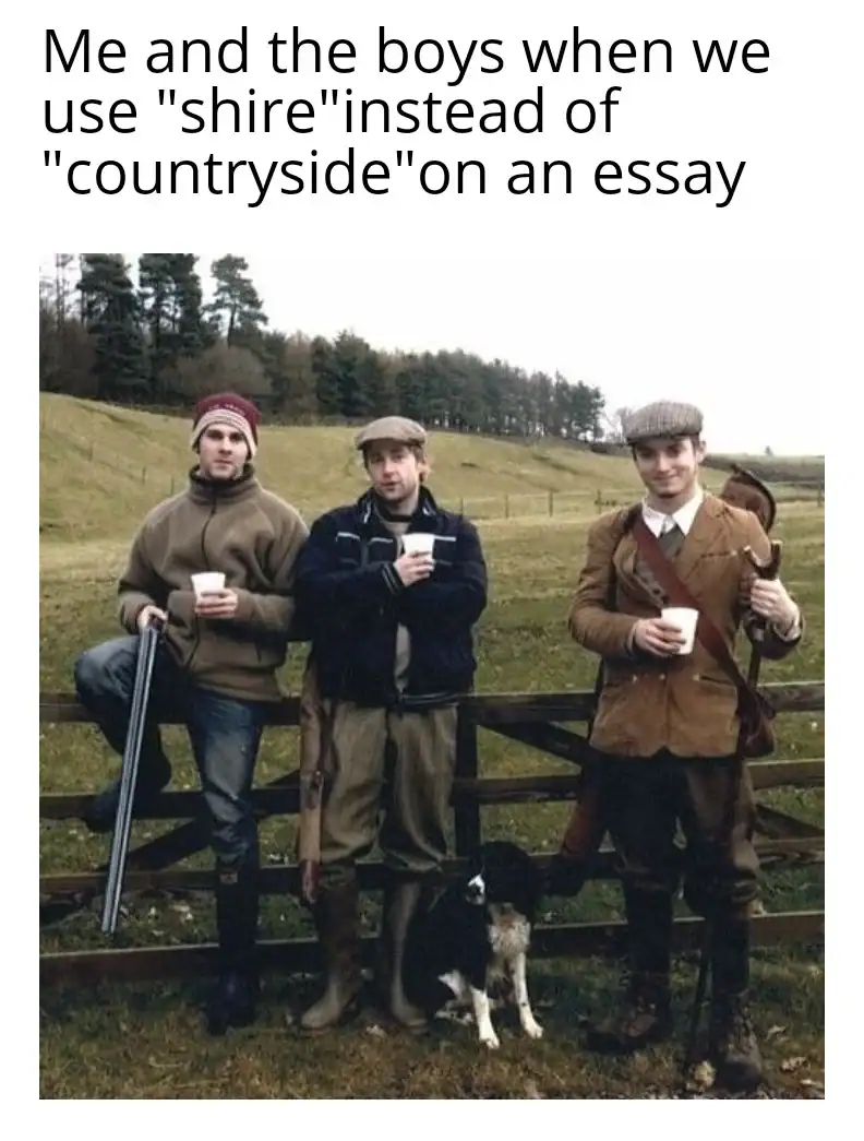 relatable lord of the rings meme for students, showing Elijah Wood, Dominic Monaghan, and Billy Boyd dressed in tweed "countryside" attire in a field. The text reads: "Me and the boys when we use 'shire' instead of 'countryside' on an essay."