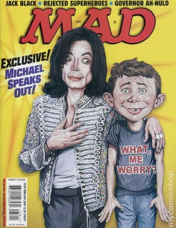 A classic vintage mad magazine cover from February 2004 featuring a caricature of Michael Jackson in a silver-studded white jacket. The singer has a hand on his chest and a startled expression as he stands with his arm around a sweating, smiling Alfred E. Neuman.