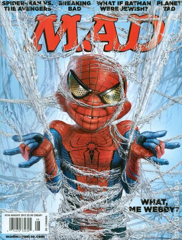 A vintage mad magazine cover from August 2012 featuring "The Amazing Spider-Man." Alfred E. Neuman is seen in the iconic red and blue suit, completely entangled in thick, realistic spider webs with the punny headline: "WHAT, ME WEBBY?"