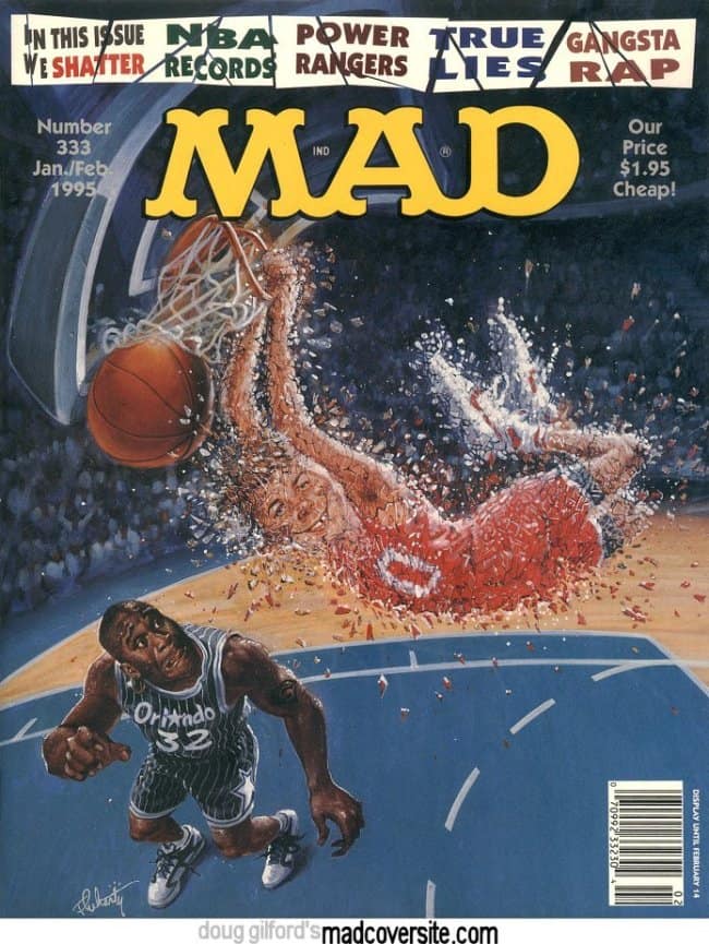 A dynamic vintage mad magazine cover from 1995 lampooning the NBA. A player for the Orlando Magic (resembling Shaquille O'Neal) looks on in shock as a player dunking the ball literally shatters into thousands of glass-like fragments mid-air.