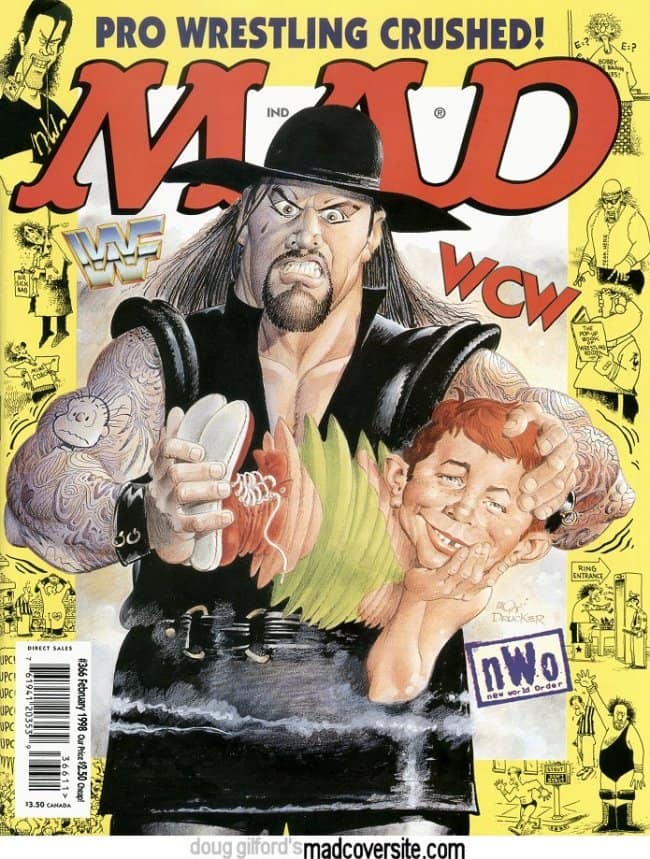 A hard-hitting vintage mad magazine cover from February 1998 focusing on pro wrestling. A muscular caricature of The Undertaker, in full gothic gear and tattoos, is shown literally crushing Alfred E. Neuman between his hands.