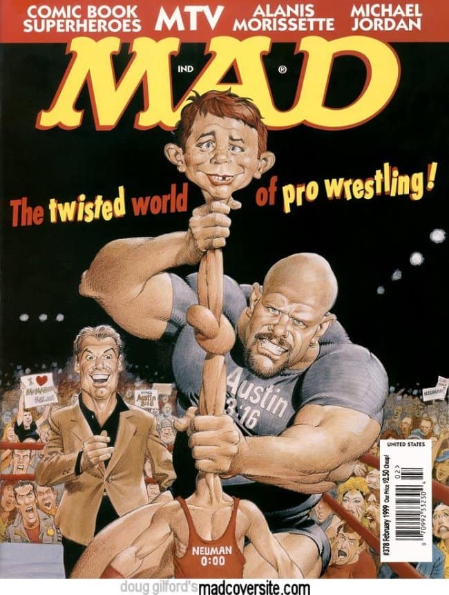 A vintage mad magazine cover from February 1999 featuring "The twisted world of pro wrestling." A jacked "Stone Cold" Steve Austin is shown tying a small, helpless Alfred E. Neuman into a literal human knot while Vince McMahon smiles in the background.