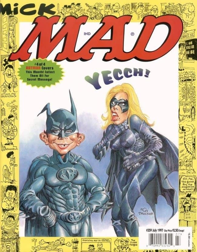 A 1997 vintage mad magazine cover parodying the Batman & Robin film. Alfred E. Neuman is suited up as a buck-toothed, goofy Batman, standing next to a disgusted, tongue-poking Batgirl. The yellow border is packed with classic marginal doodles and the iconic "YECCH!" exclamation.