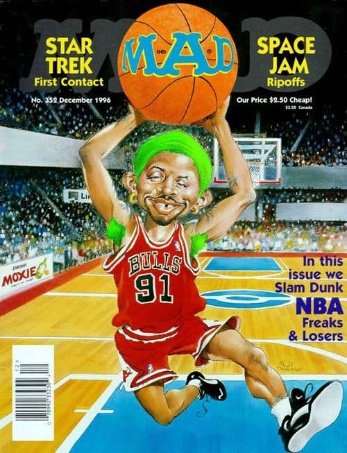 A high-energy vintage mad magazine cover from December 1996 spoofing the Chicago Bulls. Alfred E. Neuman is caricatured as Dennis Rodman with bright lime-green hair and matching armpit hair, leaping through the air for a slam dunk with a MAD-branded basketball.