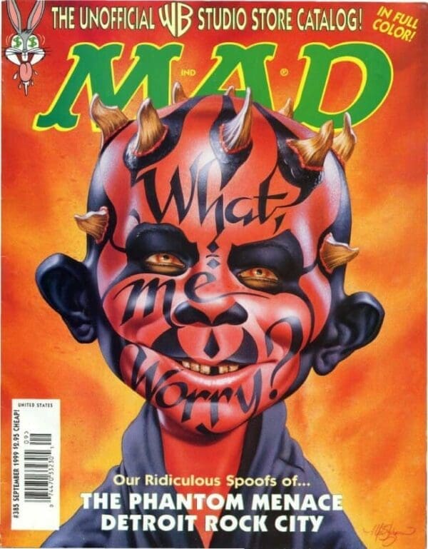 A menacing but goofy vintage mad magazine cover from September 1999 featuring Alfred E. Neuman as Darth Maul from Star Wars: The Phantom Menace. His face is painted red and black with horns protruding from his head, and the text "What, me Worry?" is tattooed across his face in stylized script.