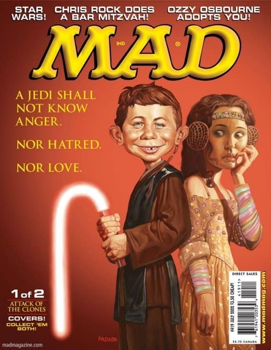 A vintage mad magazine cover from July 2002 spoofing Star Wars: Attack of the Clones. Alfred E. Neuman is dressed as a Jedi holding a glowing lightsaber that is bent like a candy cane, while a concerned-looking Padmé Amidala looks over his shoulder in confusion.