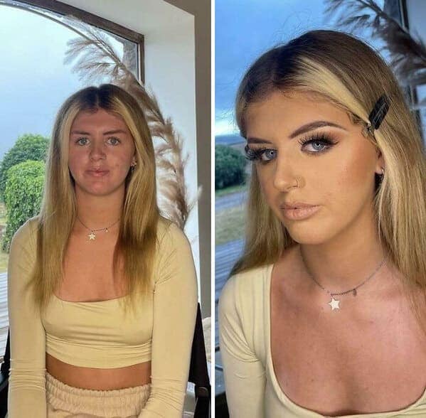 A side-by-side makeup fail transition. The final look features a very dark, orange-toned "over-tanned" aesthetic with massive, spider-like false lashes and a pale beige lipstick that gives the lips a ghostly, washed-out effect compared to the face.