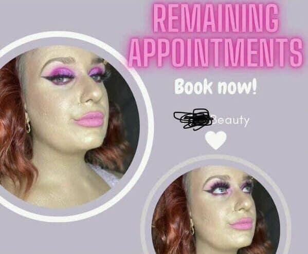 A promotional graphic for a beauty studio that ironically showcases a makeup fail. The model wears patchy neon purple eyeshadow, mismatched yellow-toned foundation, and bright bubblegum pink lipstick.