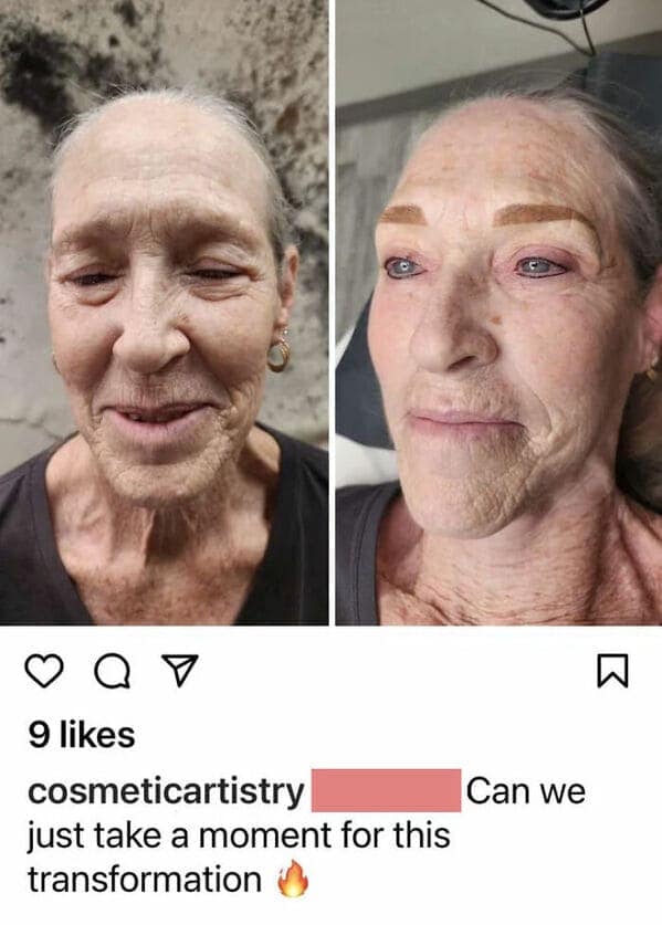 A "cosmetic artistry" transformation makeup fail showing an older woman. The "after" photo reveals high-arched, blocky, bright orange permanent eyebrows that look like they were drawn on with a felt-tip marker.