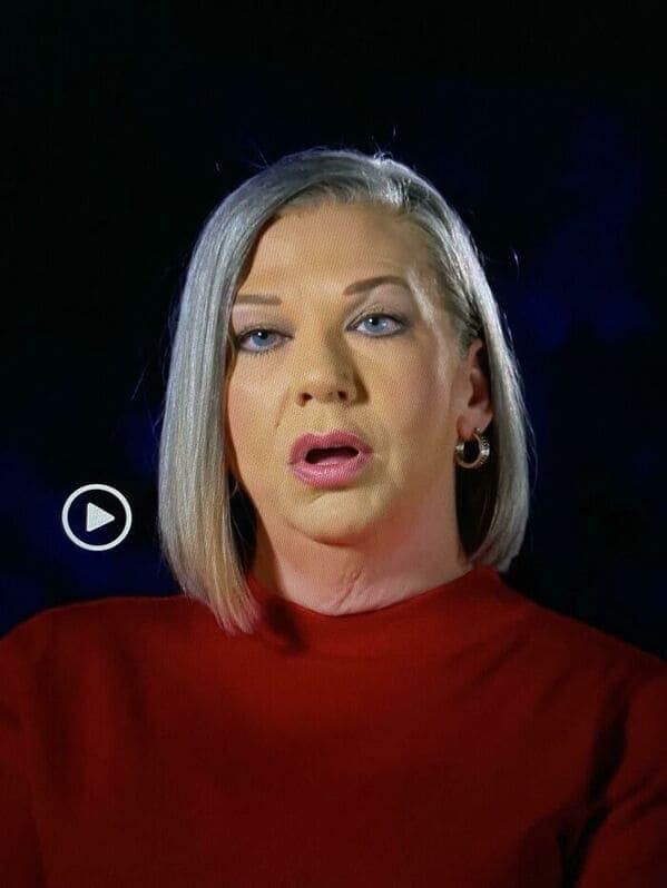 An unfortunate makeup fail where the foundation shade is several steps too yellow for the wearer's cool skin tone. The look is topped with very thin, high-arched pencil eyebrows and a pale pink lip that clashes with the yellow undertones of the skin.