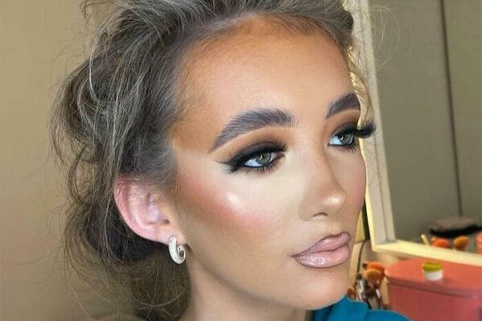 A makeup fails gallery featuring a woman with bright orange foundation stopping at her jawline, a severe "halo eye" effect caused by stark white unblended concealer, and a set of high-arched orange permanent eyebrows.
