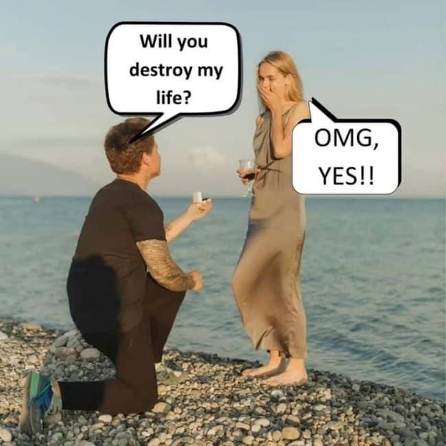 Marriage proposal meme where man asks woman "will you destroy my life" on a beach