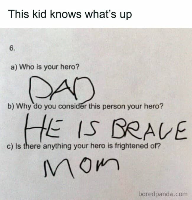 Child's school worksheet where kid writes Dad is hero because brave and his fear is Mom