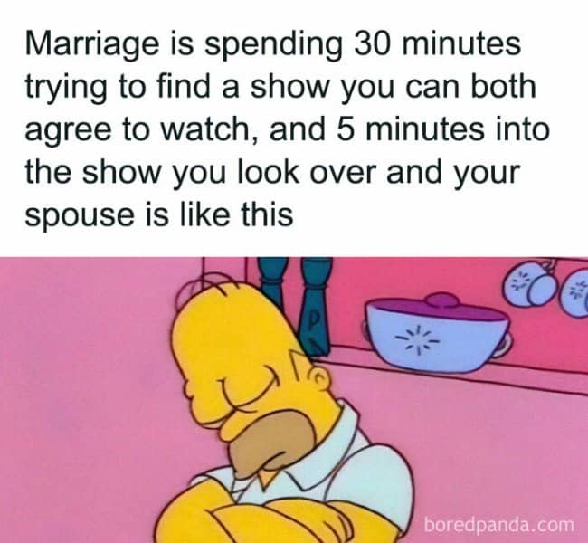 Homer Simpson sleeping meme about spouse falling asleep five minutes into agreed TV show