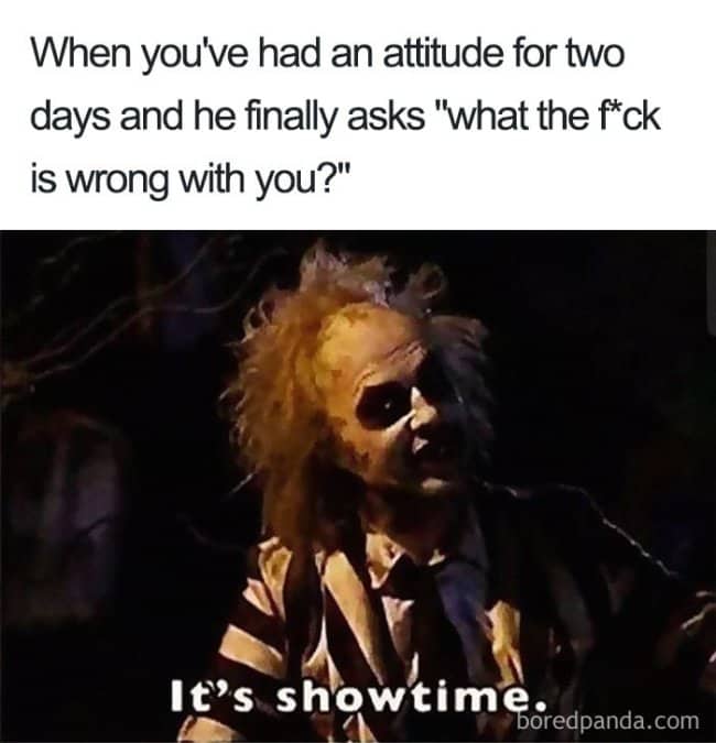 Beetlejuice movie still captioned as wife's reaction when husband finally asks what is wrong after two days