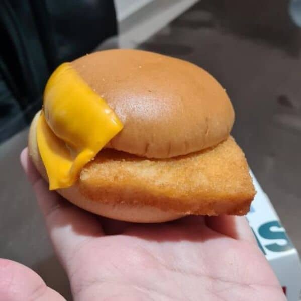 McDonald's fish sandwich fail with single slice of cheese draped awkwardly over edge of bun