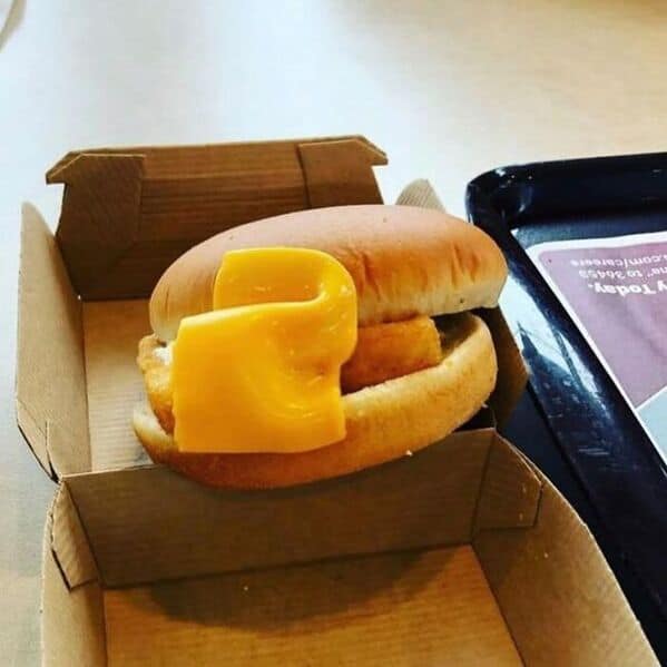 McDonald's Filet-O-Fish fail with cheese folded into shape resembling the number two awkwardly