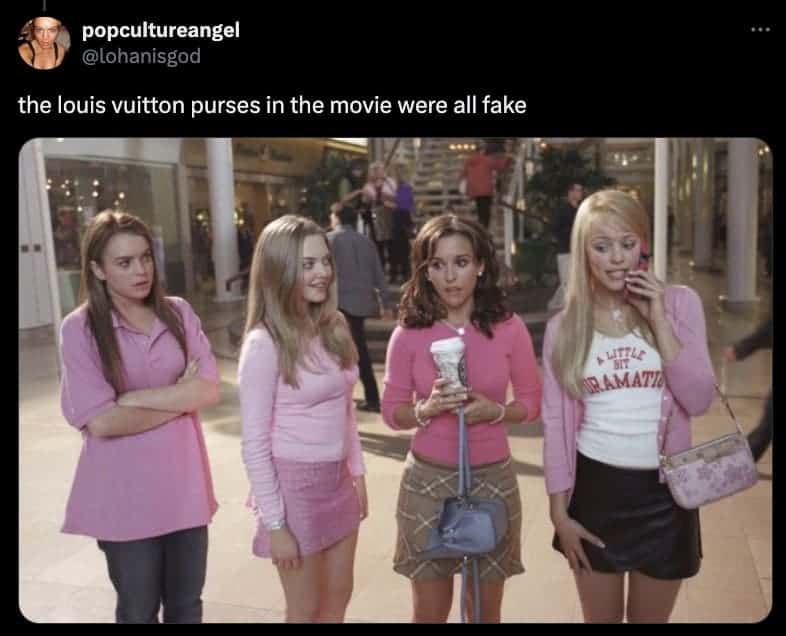 Mean Girls cast walking mall scene revealing all Louis Vuitton purses in film were counterfeit props