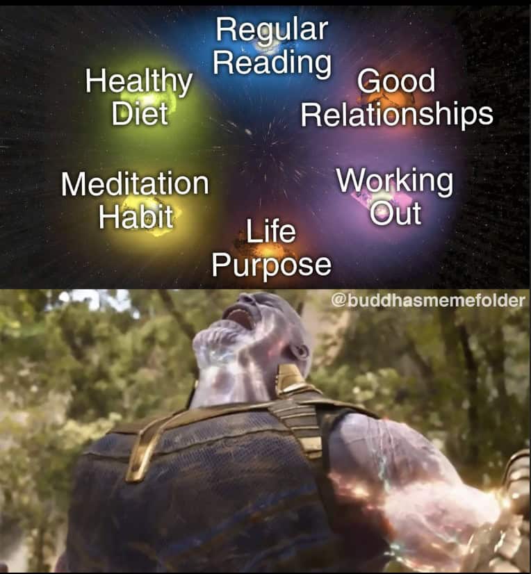 A cosmic meditation meme utilizing the Thanos "Infinity Stones" template. Thanos screams with power as he collects "Healthy Diet," "Regular Reading," "Good Relationships," "Working Out," "Life Purpose," and the final golden piece: a "Meditation Habit."