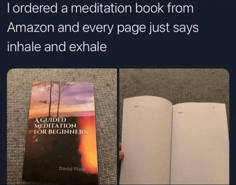 meditation meme of a book titled "A Guided Meditation for Beginners." The joke reveals that every single page is blank except for a tiny "inhale" and "exhale" in the corners, turning a basic biological function into a paid product.