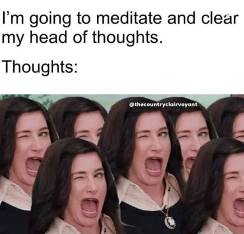 A chaotic meditation meme featuring multiple overlapping images of Agnes from WandaVision winking and laughing hysterically. The top text says, "I'm going to meditate and clear my head of thoughts," while the Agnes swarm is labeled simply as "Thoughts," perfectly illustrating mental clutter.
