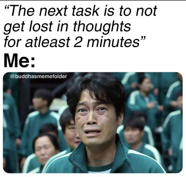 meditation meme comparing brain states using the old man from Squid Game. "My Brain most of the Day" shows him curled in a sad ball, while "My Brain during Meditation" shows him dancing wildly in the sun.