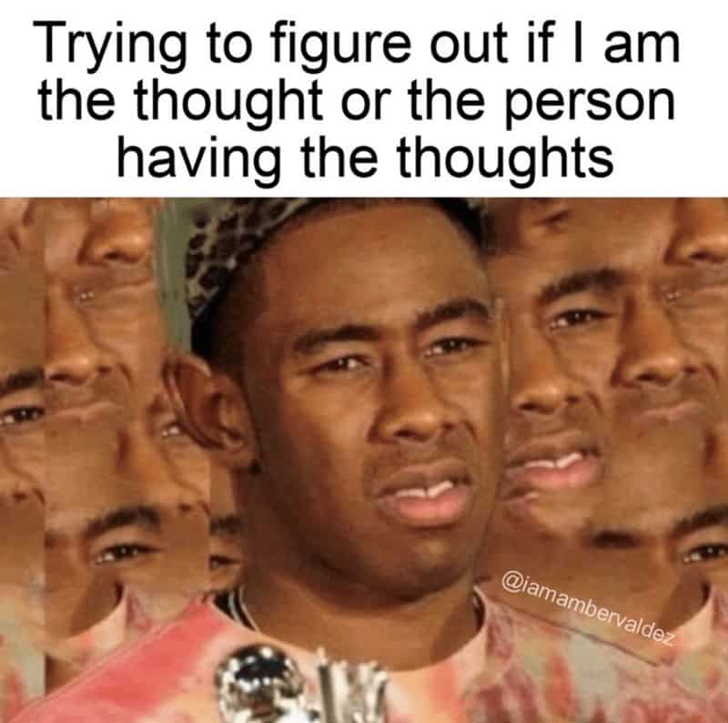 A brain-melting meditation meme featuring Tyler, the Creator looking deeply confused and suspicious. His face is mirrored and multiplied in a translucent trail behind him. The caption reads: "Trying to figure out if I am the thought or the person having the thoughts."