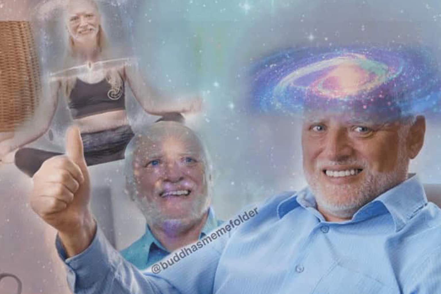 A comprehensive gallery of the meditation meme subculture in 2026, featuring "Hide the Pain Harold" with a swirling galaxy in his brain, Thanos achieving ultimate power via a "Meditation Habit," and a "Beginners" book that literally only contains the words "inhale" and "exhale."