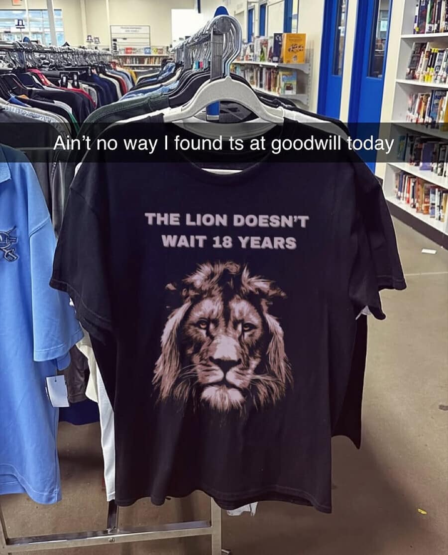 find at a thrift store: a black t-shirt featuring a close-up of a lion’s face with the cryptic and slightly threatening text, "THE LION DOESN'T WAIT 18 YEARS." A Snapchat-style caption across the top reads: "Ain't no way I found ts at goodwill today."