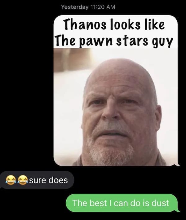 meme dump screenshot of a text thread. It features a photo of a man who looks like a hybrid of Thanos and Rick Harrison from Pawn Stars. The green bubble reply delivers the perfect MCU crossover punchline: "The best I can do is dust."