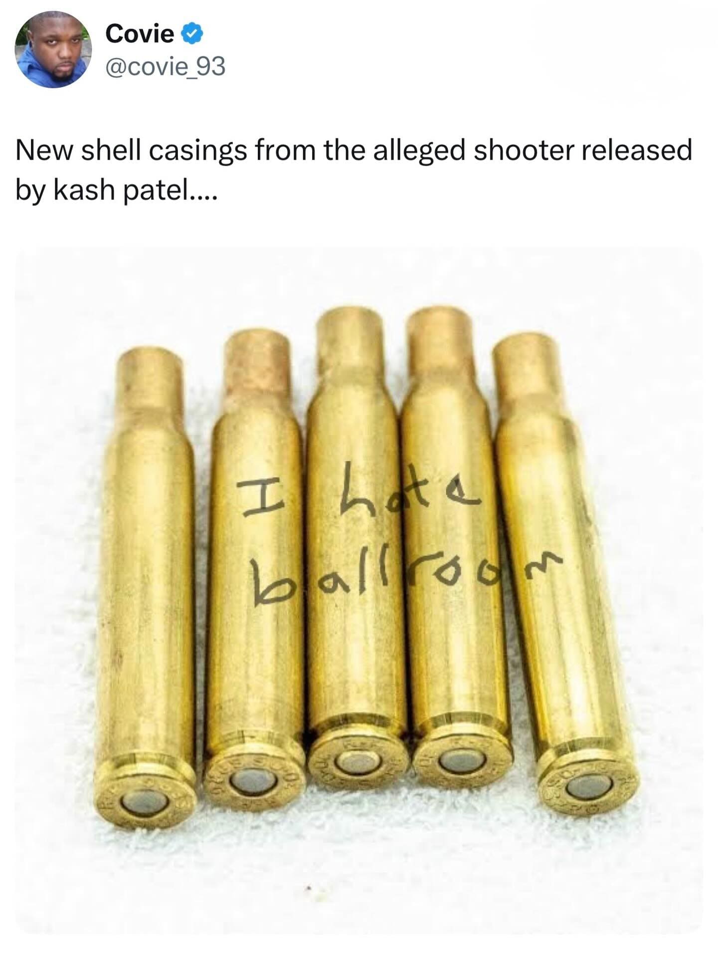 A satirical meme dump tweet from @covie_93 regarding the 2026 White House Correspondents' Dinner shooting. It shows five brass shell casings, one of which has the phrase "I hate ballroom" scrawled on it in black marker.
