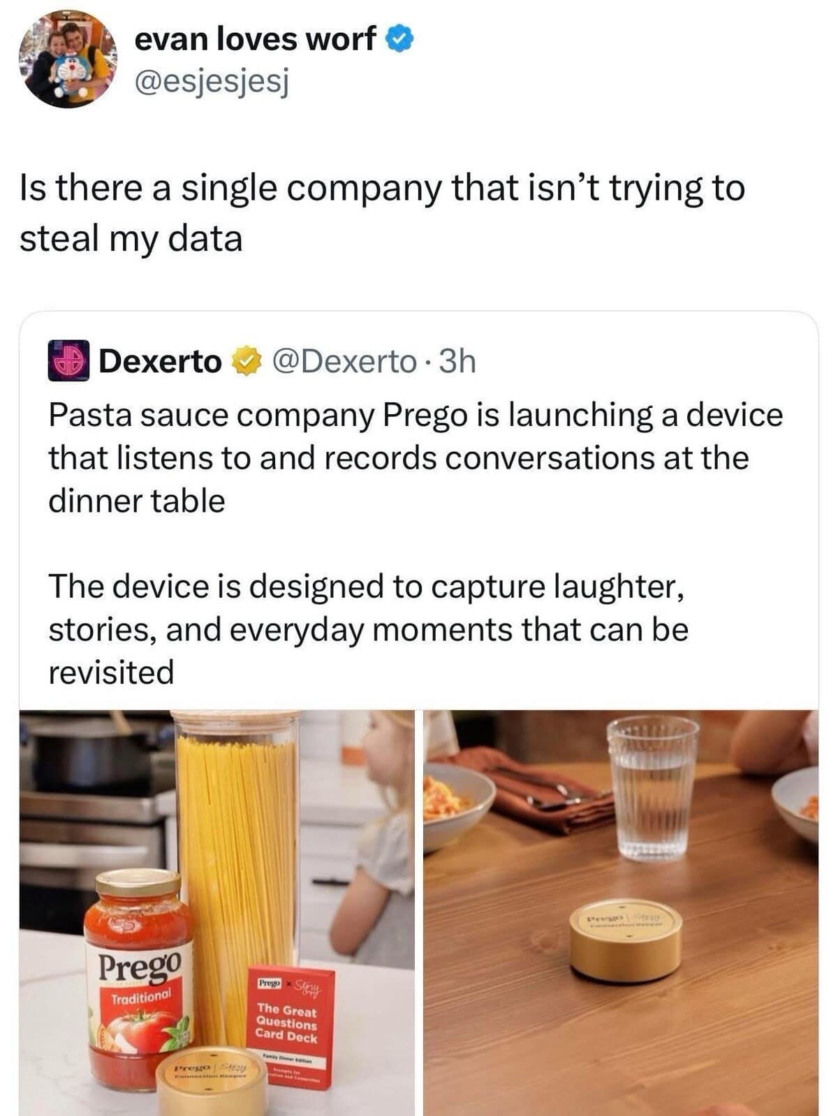 A funny meme showcasing a news headline about the pasta sauce brand Prego launching a recording device for the dinner table. Above the screenshot, a Twitter user sarcastically asks if there is a single company that isn't trying to steal their data, mocking the intrusive "smart" home trend.