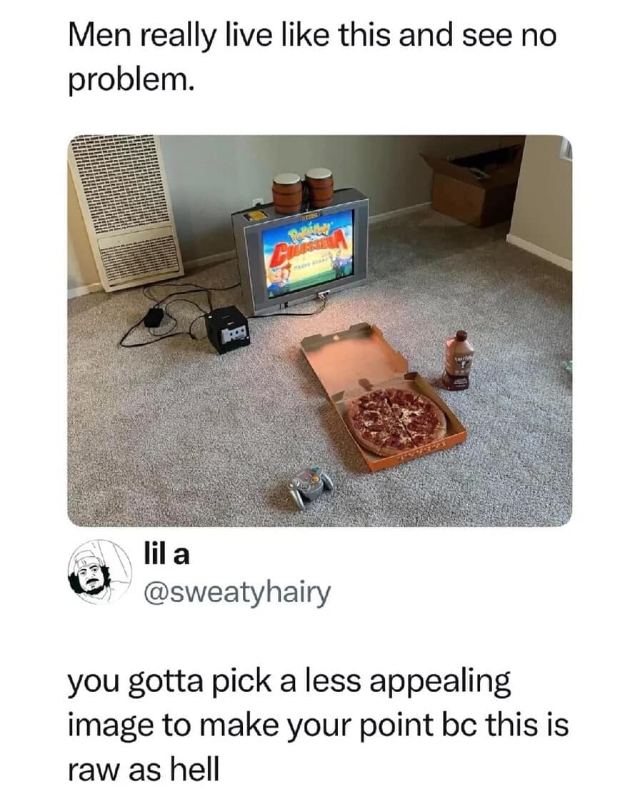 A meme dump post showing a minimalist bachelor setup: a CRT television playing Pokémon Colosseum on a Nintendo GameCube, a pepperoni pizza in its box, and a bottle of chocolate milk on the floor. While the original caption mocks the lifestyle, a reply argues that the image is actually "raw as hell."