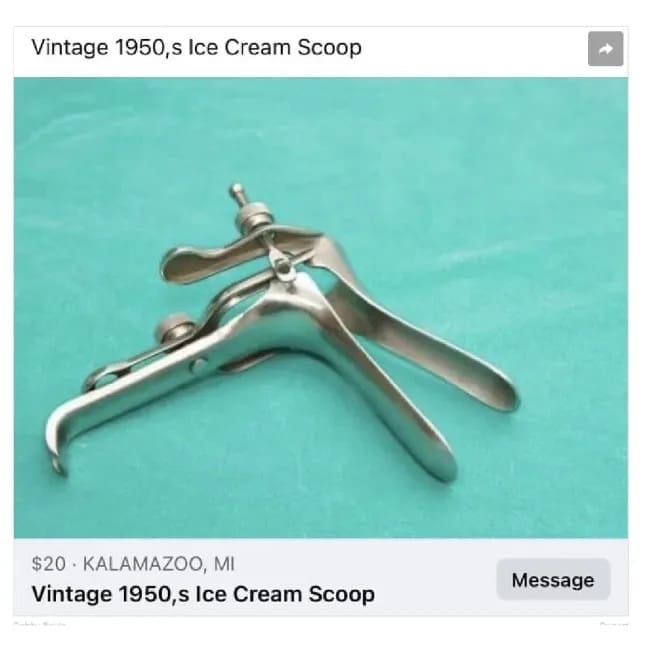 A hilarious funny meme showing a marketplace listing for a "Vintage 1950s Ice Cream Scoop" priced at $20. The stainless steel object in the photo is actually a medical speculum, creating a horrifying culinary misunderstanding for anyone looking for kitchenware.