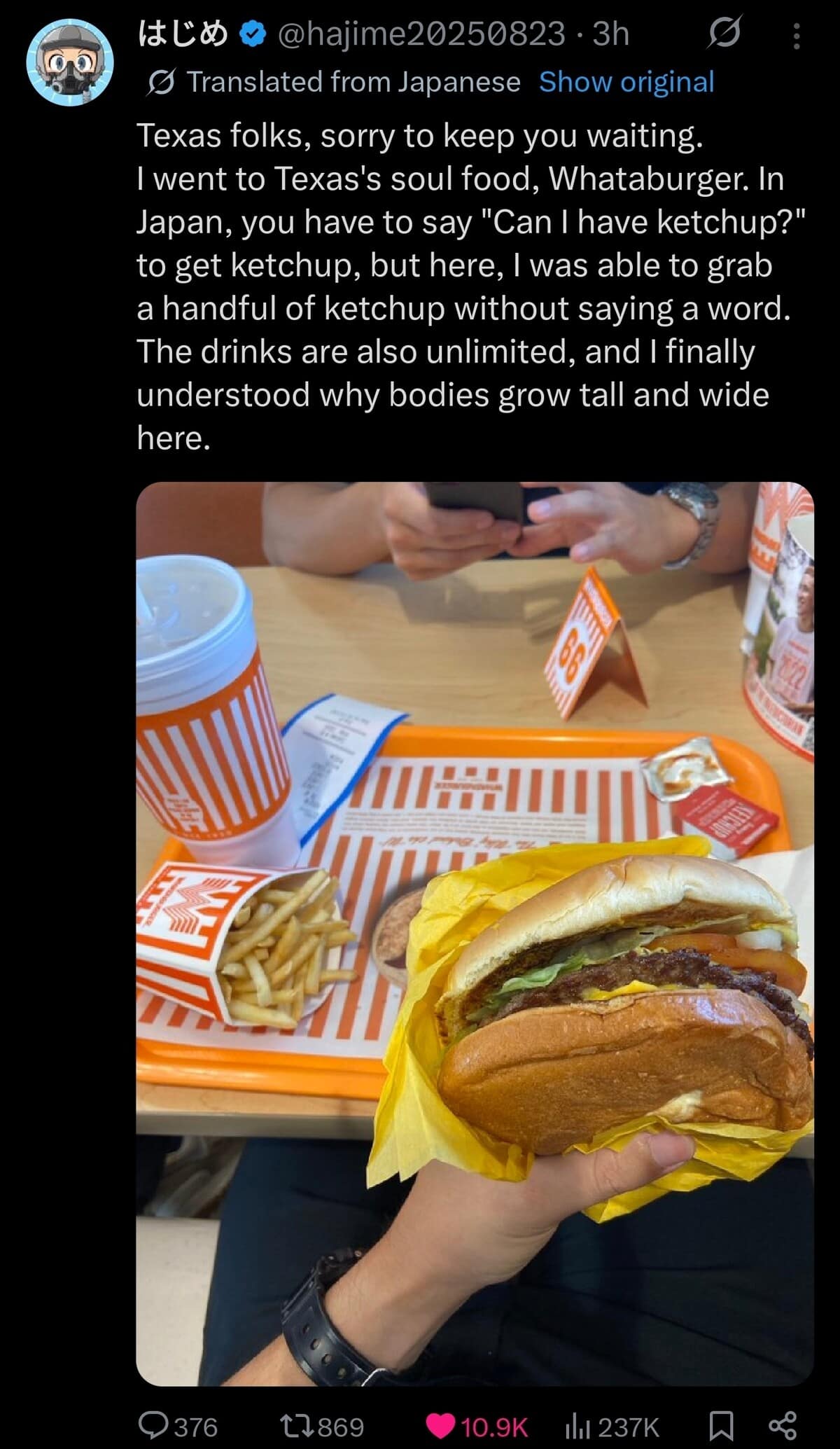 A meme dump entry showing a viral tweet from a Japanese traveler in Texas, absolutely stunned by the "culture shock" of Whataburger. He marvels at being able to grab a handful of ketchup packets and drink unlimited soda, concluding that he finally understands why "bodies grow tall and wide" in the US.